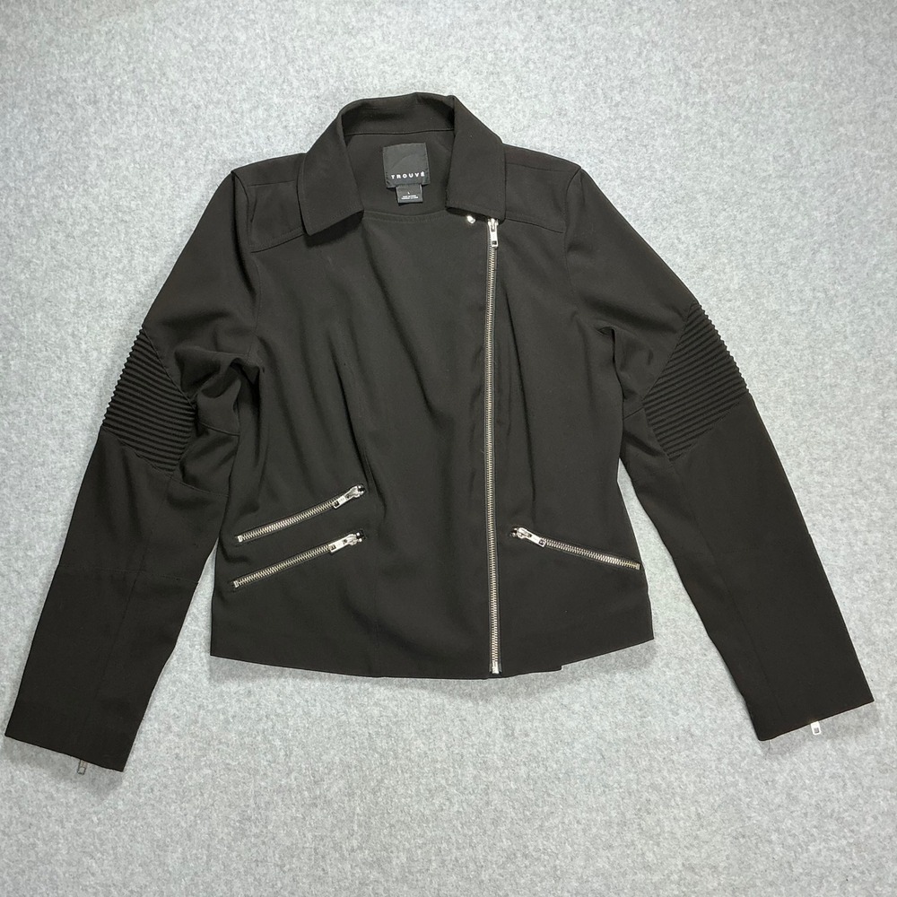 Trouve Black Moto Jacket Asymmetrical Zip Ribbed Sleeve Details Size L